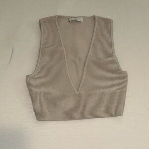Aritzia Beige Ribbed V-Neck Crop Top